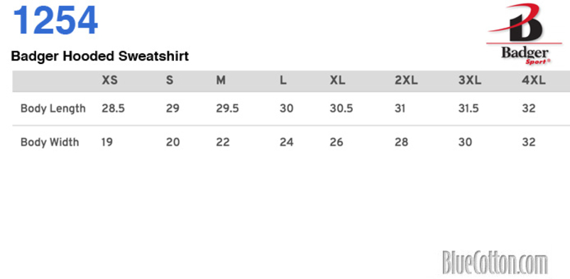Size chart for a 1254 Badger Hooded Sweatshirt