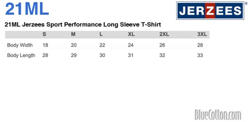 Size chart for a 21ML Jerzees Sport Performance Long Sleeve T-Shirt 