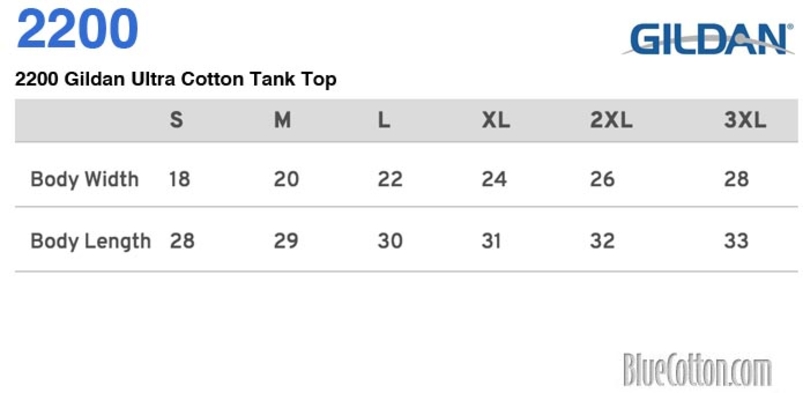 Size chart for a 2200 Gildan Ultra Cotton Tank Top