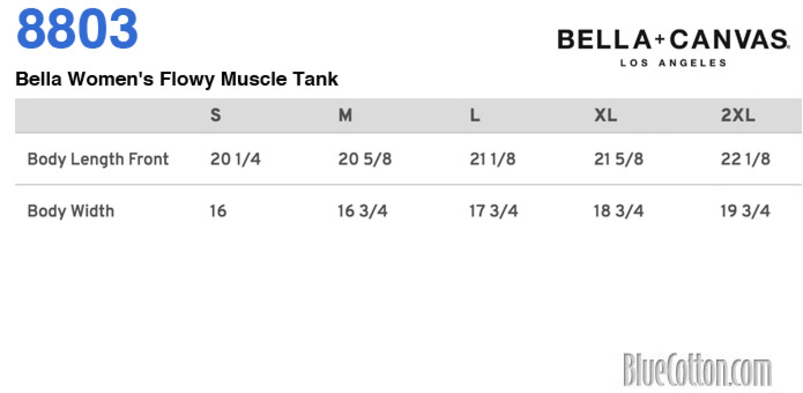 Size chart for a 8803 Bella + Canvas Women's Flowy Muscle Tank