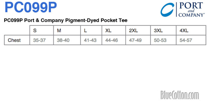 Size chart for a PC099P Port & Company Pigment-Dyed Pocket Tee