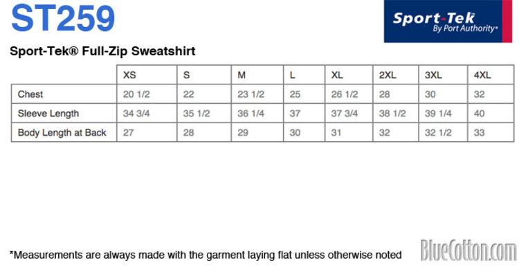 Size chart for a ST259 Sport-Tek Full Zip Sweatshirt