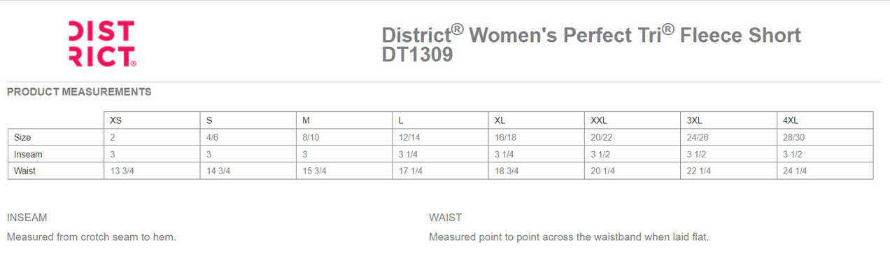 Size chart for a DT1309 District® Women’s Perfect Tri® Fleece Short