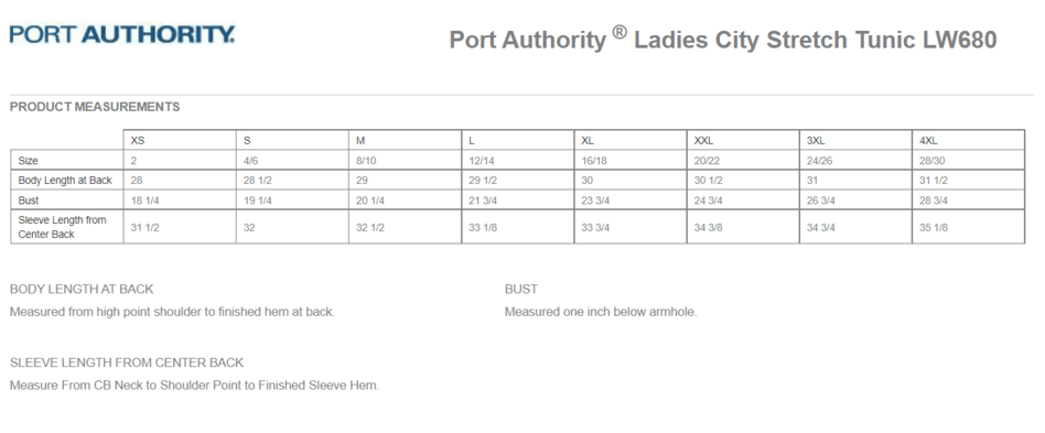 Size chart for a LW680 Port Authority Ladies City Stretch Tunic